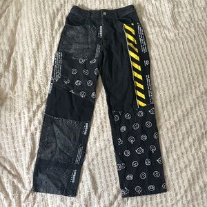 FINESSE Patchwork Black Straight-Leg Pants with Yellow Detailing